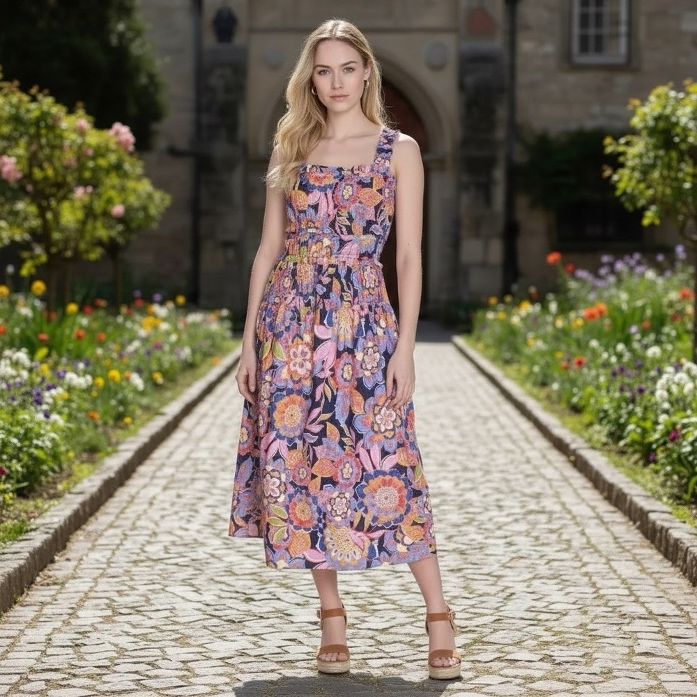 Eliza J Women's Floral Print Sleeveless Smocked Cotton Midi Dress Size‎ 16W
